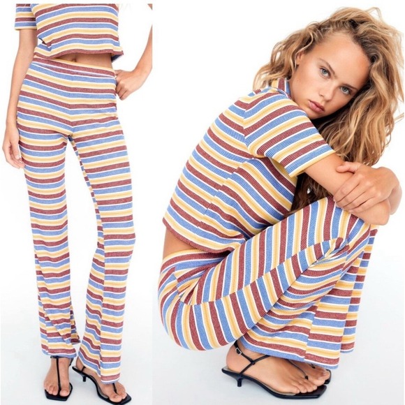 Zara Pants - Zara Pants Womens Sz S Knit Striped Colorful Pull On‎ Yellow Red Blue Ribbed